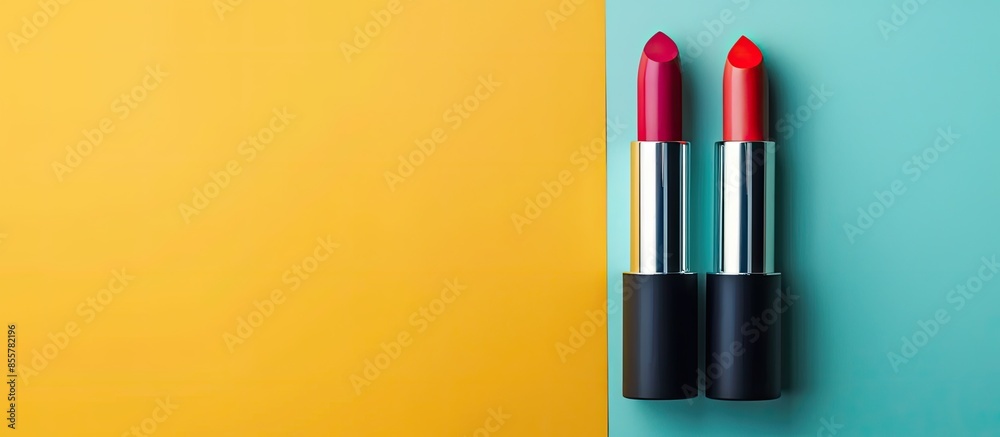 Poster Colorful lipstick in creative package design Isolated on pastel background. with copy space image. Place for adding text or design