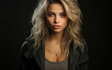 A woman with blonde hair and a necklace is standing in front of a black background. Concept of confidence and elegance, as the woman's long hair and the necklace add to her overall appearance