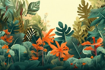 Beautiful green blue and orange leaves Overlaid on a light yellow background.