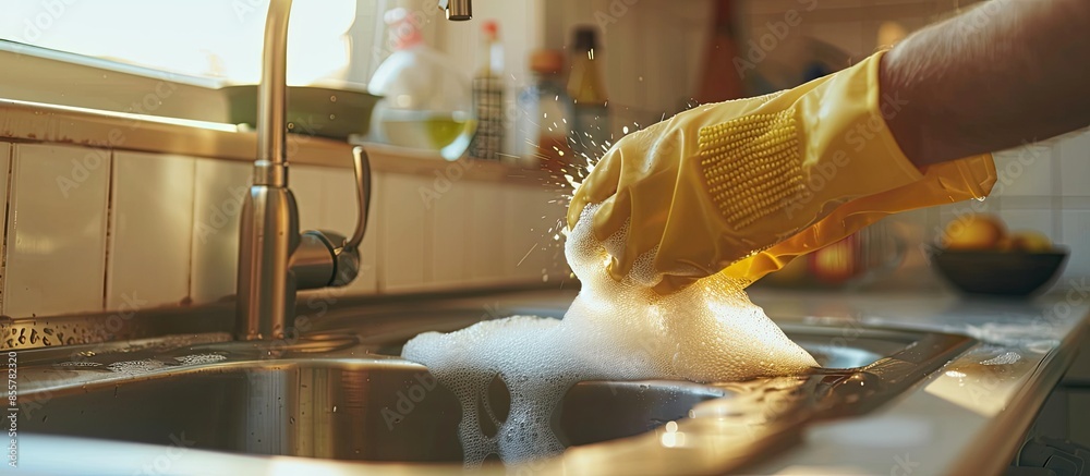 Poster cleaning kitchen sink close-up. with copy space image. place for adding text or design