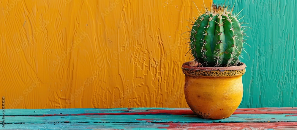 Leinwandbilder a cactus potted on a colorful wooden table. with copy space image. place for adding text or design