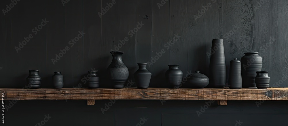 Poster Dark vases lined up on a plywood shelf. with copy space image. Place for adding text or design