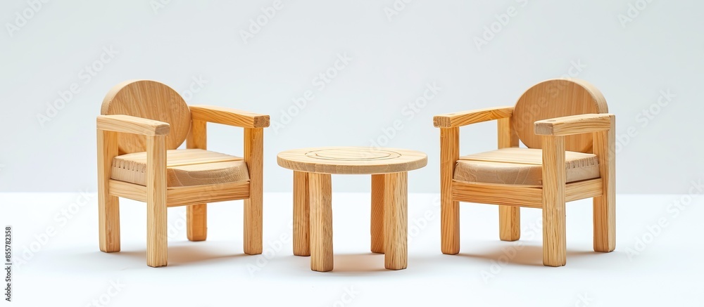 Poster Toy wooden armchairs and table on white background. with copy space image. Place for adding text or design
