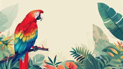 Fototapeta premium colorful parrot perched on a branch with tropical leaves.