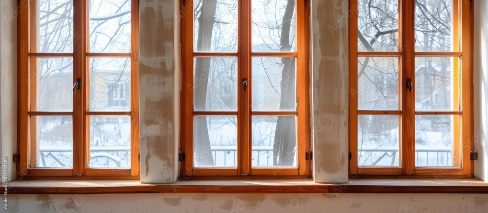 Aufkleber Wooden window profile with triple glazing. with copy space image. Place for adding text or design