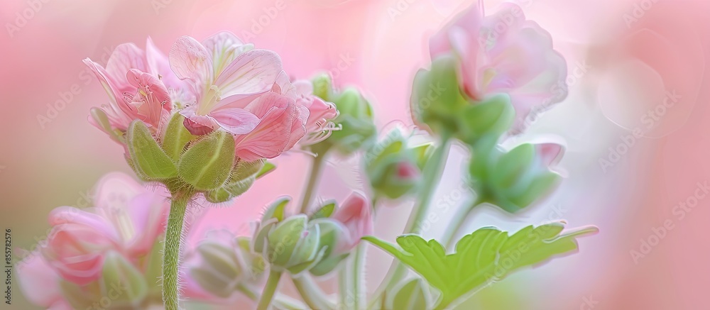 Leinwandbilder macro image of geranium flower buds, flower buds pastel background. with copy space image. place for