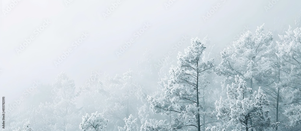 Aufkleber Forest covered in white fog. Copy space image. Place for adding text or design
