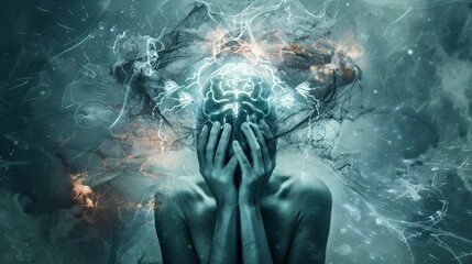 Obraz premium A clear and detailed photograph of a person holding their head in their hands, with abstract brain imagery around them, representing the imagination and intelligence affected by depression,