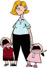 A single mother with a son and daughter is tired.