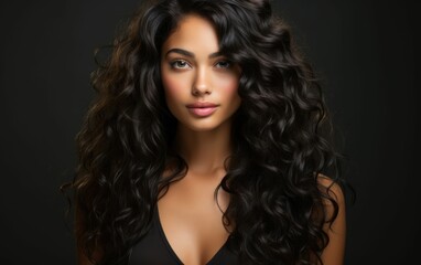 Naklejka premium A woman with long, curly hair is standing in front of a black background. She has a beautiful smile and is looking directly at the camera