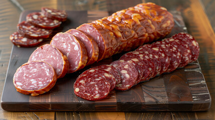 wooden platter with different types of meat, salami and ham on the table, in a close-up view.