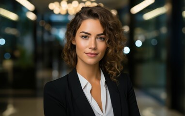 Obraz premium A woman in a business suit poses for a photo. She has a serious expression on her face and is looking directly at the camera. The image has a professional and polished feel to it