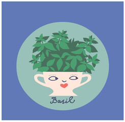 fresh basil in flower pot, funny cute face, flat design
