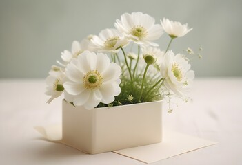 A bouquet of beautiful white roses and other white flowers arranged in a turquoise vase on a white cloth