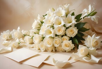 Obraz premium A bouquet of beautiful white roses and other white flowers arranged in a turquoise vase on a white cloth