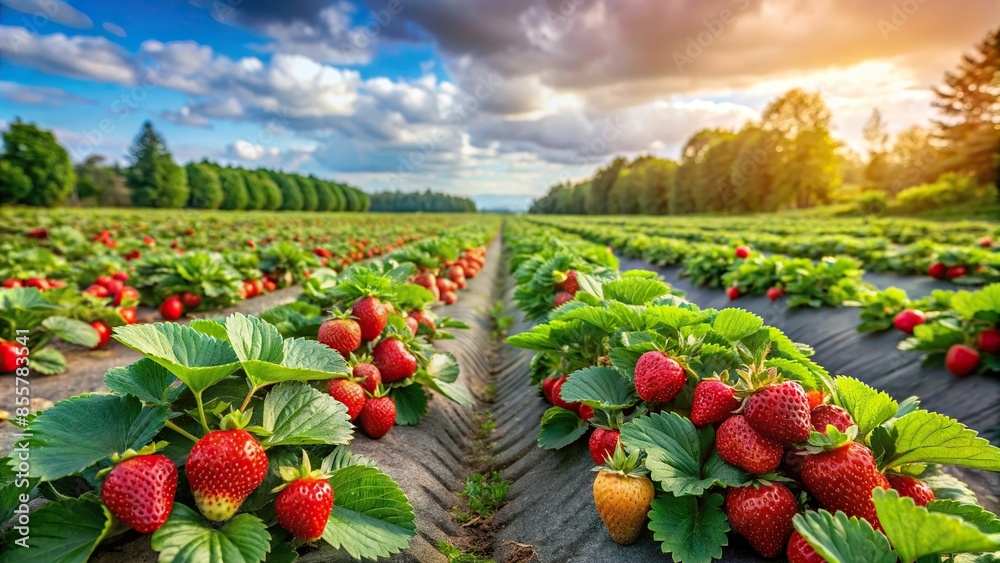 Poster panoramic view of a beautiful field of ripe strawberries , berries, fruits, strawberry, berry, fruit - Posters