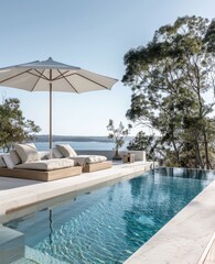Fototapeta premium This image shows a modern infinity pool with a comfortable seating area overlooking a forest, signifying opulence and relaxation