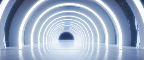 Obraz premium White background 3D room light abstract space technology tunnel stage floor. Empty white future 3D neon background studio futuristic corridor render modern interior silver road black wall design gray