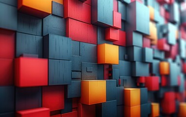A wall made of blocks in various colors, including red, blue, and yellow. The blocks are arranged in a way that creates a visually interesting and dynamic pattern