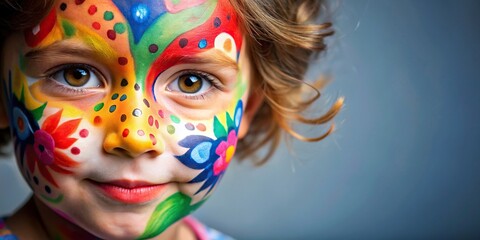 Face painting of a child with colorful designs , face paint, artistic, makeup, creativity, fun, children, festival, event