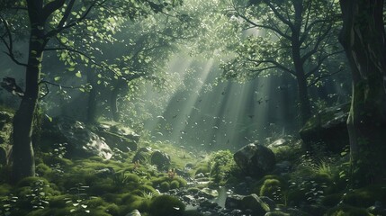 Obraz premium Within the depths of a dense forest, an enchanting illustration of a hidden glen awaits discovery.