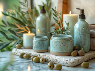 Olive oil based skin care set including lotion, cream, serum, bottles for cosmetics