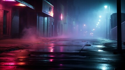 Naklejka premium Nighttime Urban Scene With Neon Lighting And Fog, Highlighting A Futuristic And Atmospheric Cityscape. Generative AI