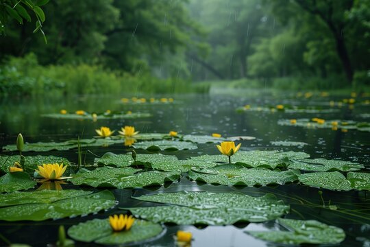 A peaceful wetland area with diverse bird species, amphibians, and plant life, highlighting the importance of wetland conservation. 