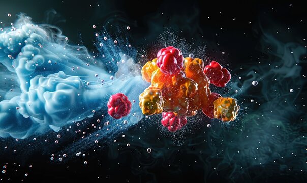 The graphic illustration on the black background shows the splitting of an isolated atom into smaller isotopes