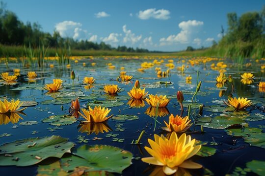 A peaceful wetland area with diverse bird species, amphibians, and plant life, highlighting the importance of wetland conservation. 