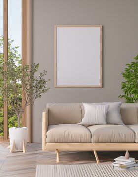 Frame mockup, ISO A paper size. Living room wall poster mockup. Interior mockup with house background. Modern interior design. 3D render