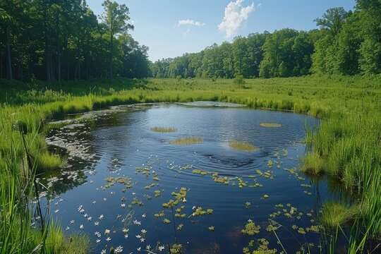A peaceful wetland area with diverse bird species, amphibians, and plant life, highlighting the importance of wetland conservation. 