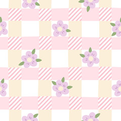 Gingham seamless vector pattern with meadow flowers. Tartan check for tablecloths, napkins, clothes, packaging, for the Easter holiday. Cozy cute childish background in a pastel palette