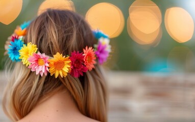 Naklejka premium woman with flower crown and bokeh lights in the background.