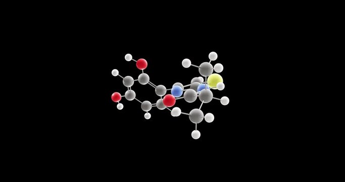 Isobutylamido thiazolyl resorcinol molecule, rotating 3D model of tyrosinase inhibitor, looped video on a black background
