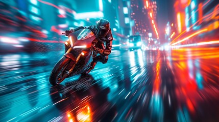 A futuristic motorbike zooms through a neon-lit cityscape, creating a dynamic blur of lights and colors that encapsulates the speed and energy of the scene