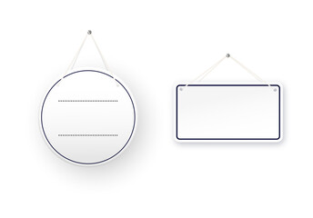 White round shop door signs hanging isolated on transparent background. Empty or blank sign for store, restaurant or cafe. Vector