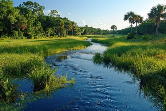 A peaceful wetland area with diverse bird species, amphibians, and plant life, highlighting the importance of wetland conservation. 