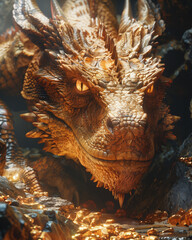 mighty dragon with glowing golden scales guarding treasure in a dark cavern, detailed and fierce expression, fantasy creature illustration