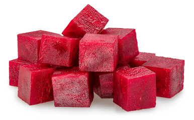 Raw red beetroot cubes isolated on white background. File contains clipping path.