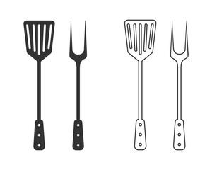 Grill tools line icon. Barbecue fork with spatula. Isolated flat sign