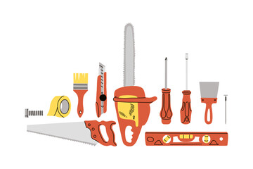Repair tools set. House construction equipment. Doodle style drawing. Building instruments screwdriver saw and hammer. Renovation industry. Vector cartoon flat isolated contemporary style illustration