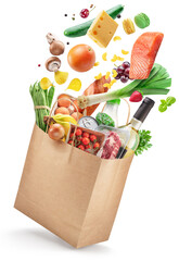 Food or groceries flying out from paper shopping  bag  on white background. File contains clipping...