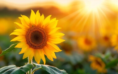 Obraz premium sunflower in field at sunset with sun rays.