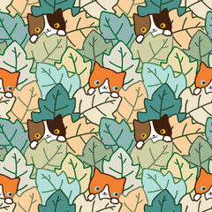 Seamless Pattern of Cartoon Cat and Leaf Illustration 