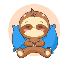 Cute Sloth Sleeping on Pillow Cartoon Character. Adorable and Kawaii Animal Concept Design. Icon Mascot Vector Illustration