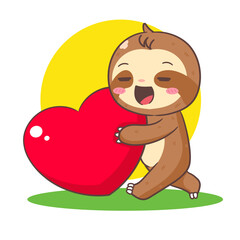 Cute Sloth with Big Love Hearth Cartoon Character. Adorable and Kawaii Animal Concept Design. Icon Mascot Vector Illustration