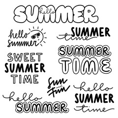 monochrome linear abstract summer time label set with typographic and graphic doodle elements isolated on white background for web and print