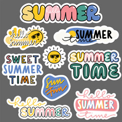 colorful linear abstract summer time sticker set with typographic and graphic doodle elements isolated on dark background for web and print