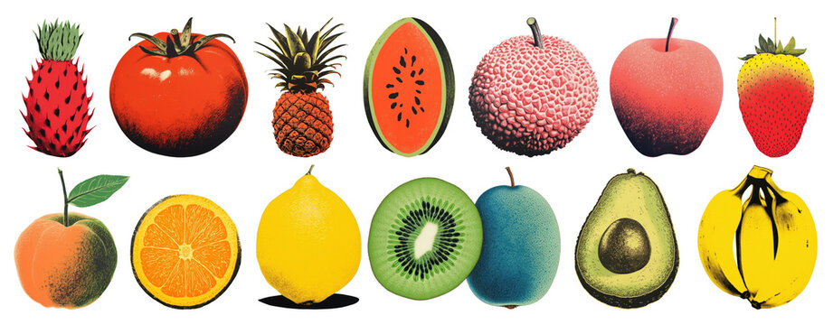 Silk screen style of fruits png cut out element set